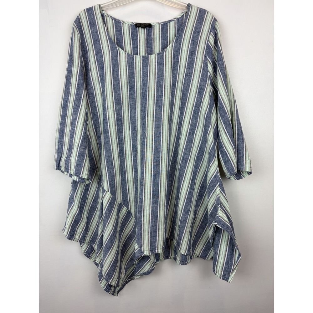 Linen Tunic Top Shirt Womens 2X Striped Asymetrical Beach Lagenlook Coastal